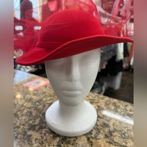 Fedoria Red 100% Wool Wide Brim Hat Tulle Veil Derby Church Formal